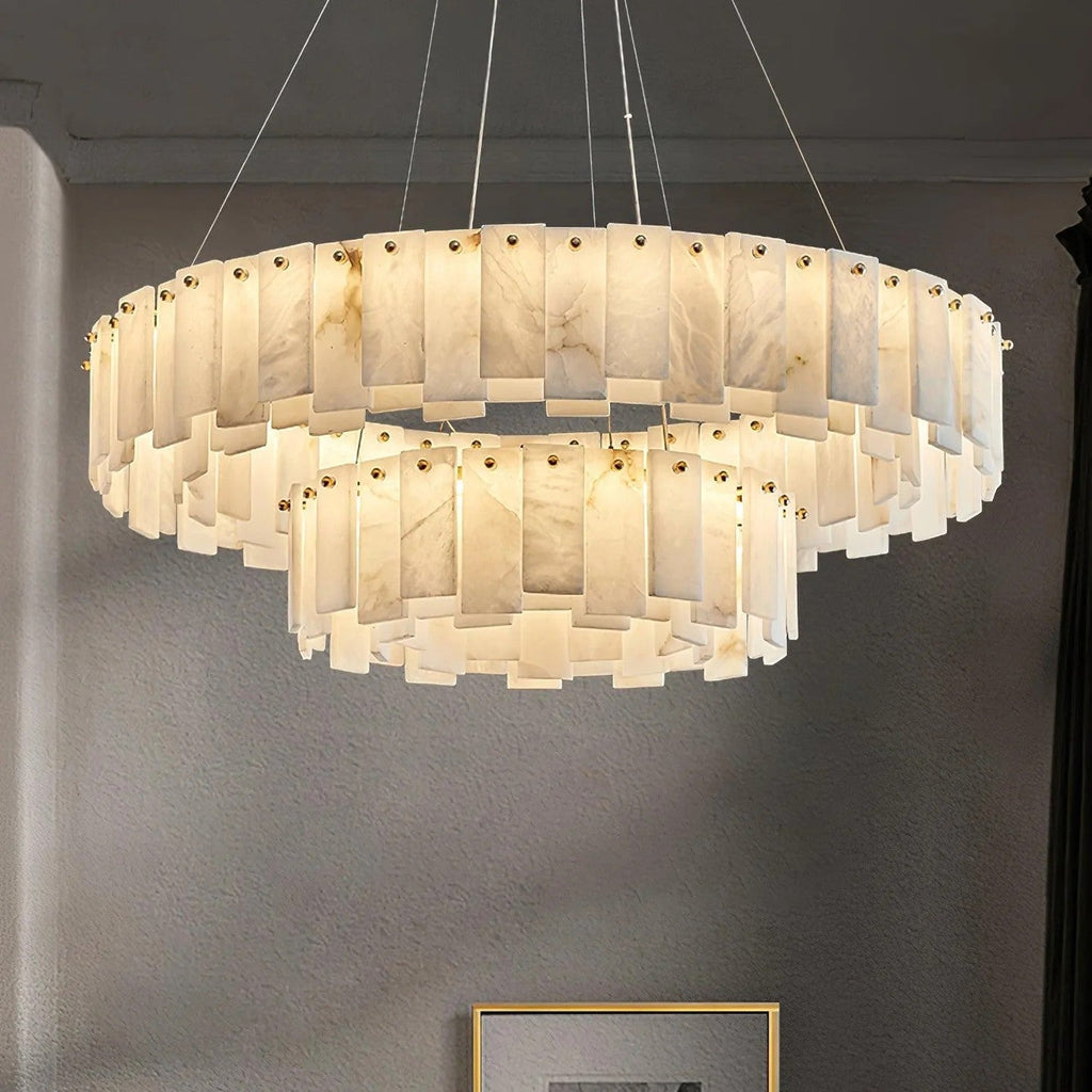 Heavenly Glow Alabaster Round Brass & White Chandelier