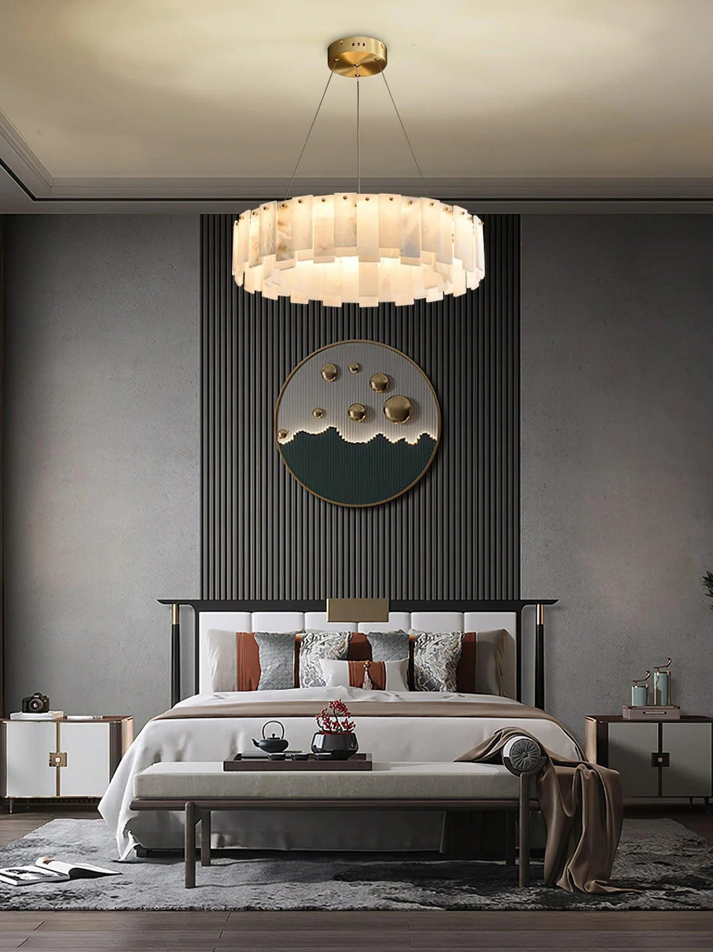 Heavenly Glow Alabaster Round Brass & White Chandelier