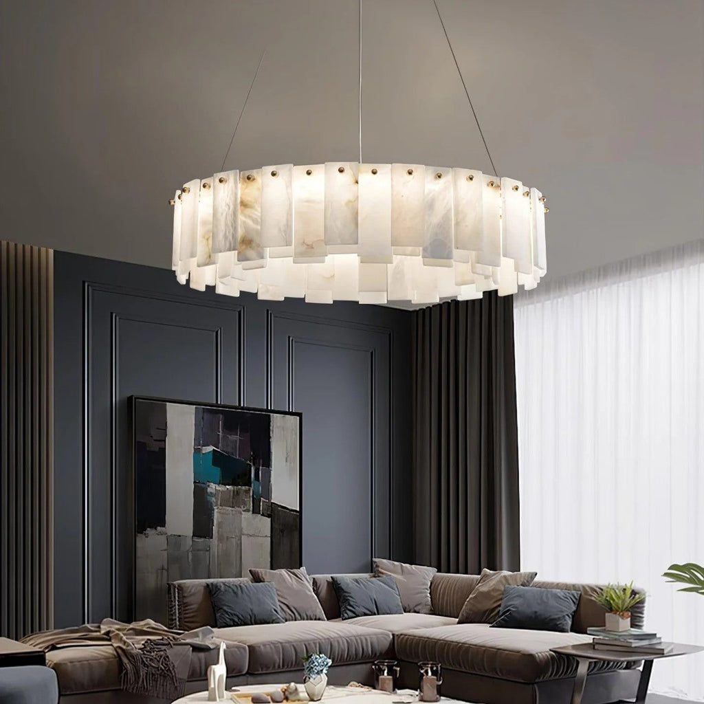 Heavenly Glow Alabaster Round Brass & White Chandelier