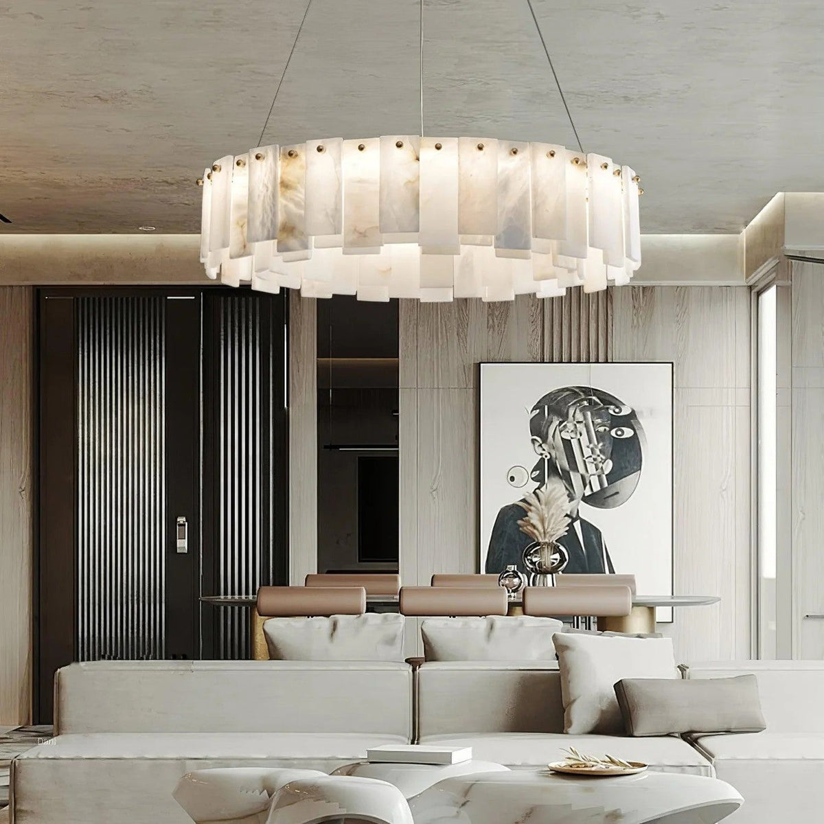 Heavenly Glow Alabaster Round Brass & White Chandelier