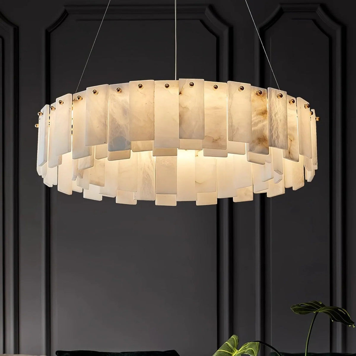 Heavenly Glow Alabaster Round Brass & White Chandelier