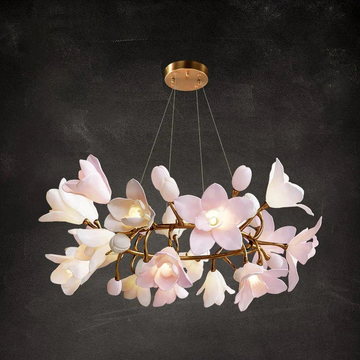 Noir Pink Ceramic Bloom Round Branch Chandelier