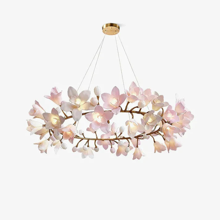 Noir Pink Ceramic Bloom Round Branch Chandelier