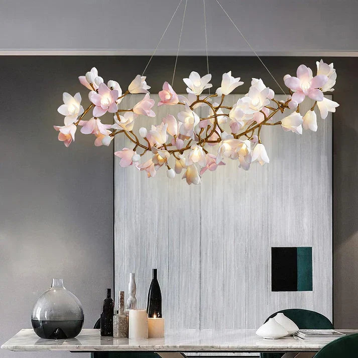 Noir Pink Ceramic Bloom Round Branch Chandelier