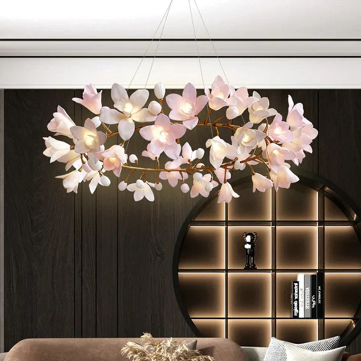 Noir Pink Ceramic Bloom Round Branch Chandelier