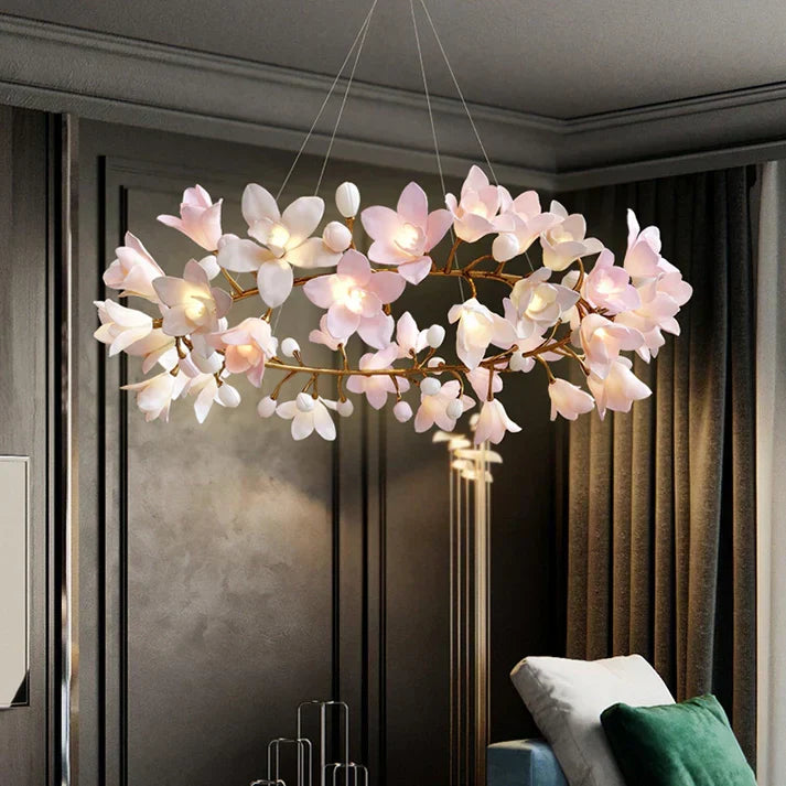 Noir Pink Ceramic Bloom Round Branch Chandelier