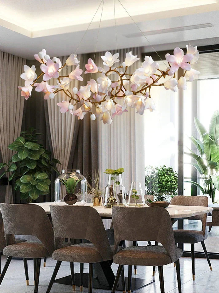 Noir Pink Ceramic Bloom Round Branch Chandelier