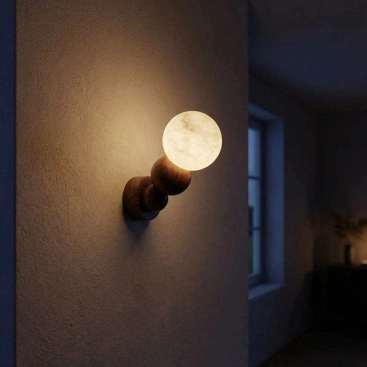 Bosley Wood Turned Base Alabaster Sphere Wall Sconce