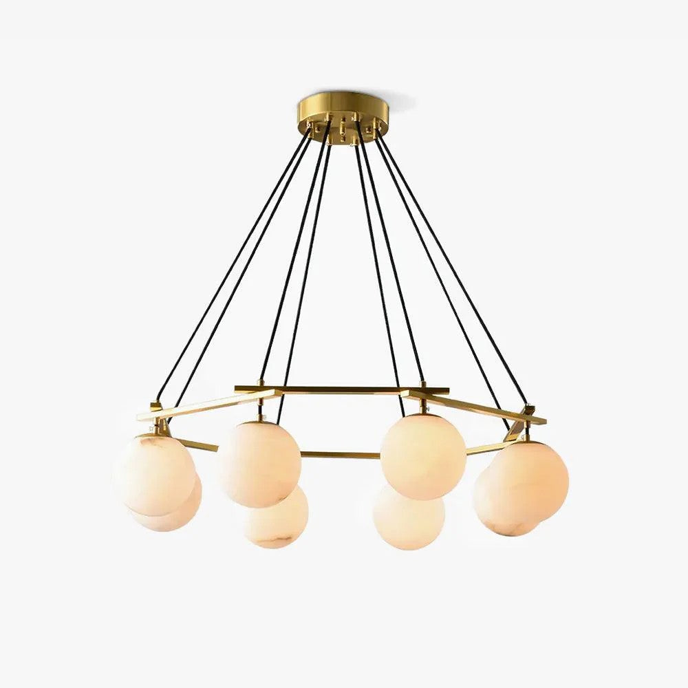 Brass & White Alabaster Chandelier – Retro Inspired Ceiling Light