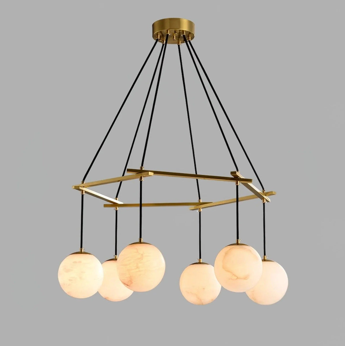 Brass & White Alabaster Chandelier – Retro Inspired Ceiling Light