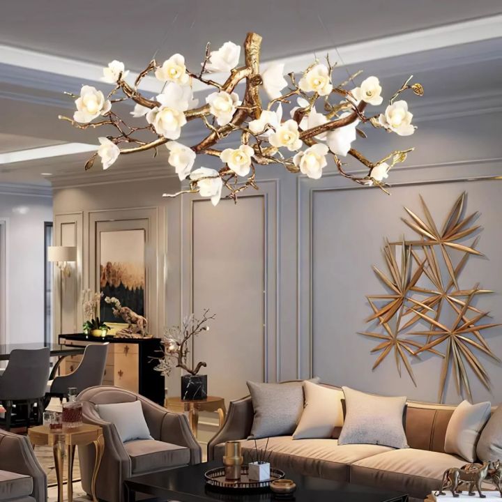 Noir Ceramic Bloom Round Branch Chandelier