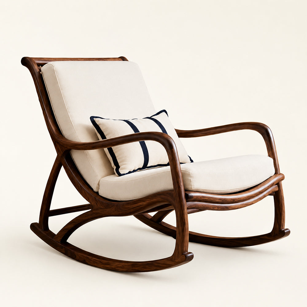 Mid-Century Walnut-Finish and Linen Rocking Chair