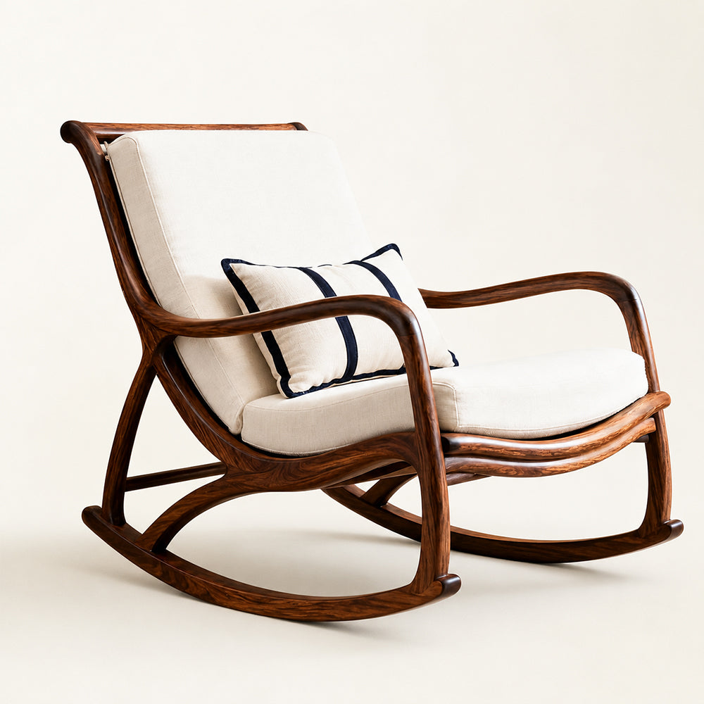 Mid-Century Walnut-Finish and Linen Rocking Chair