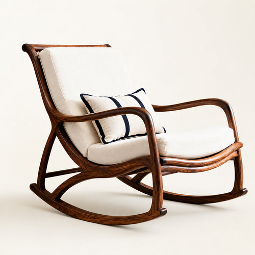 Mid-Century Walnut-Finish and Linen Rocking Chair