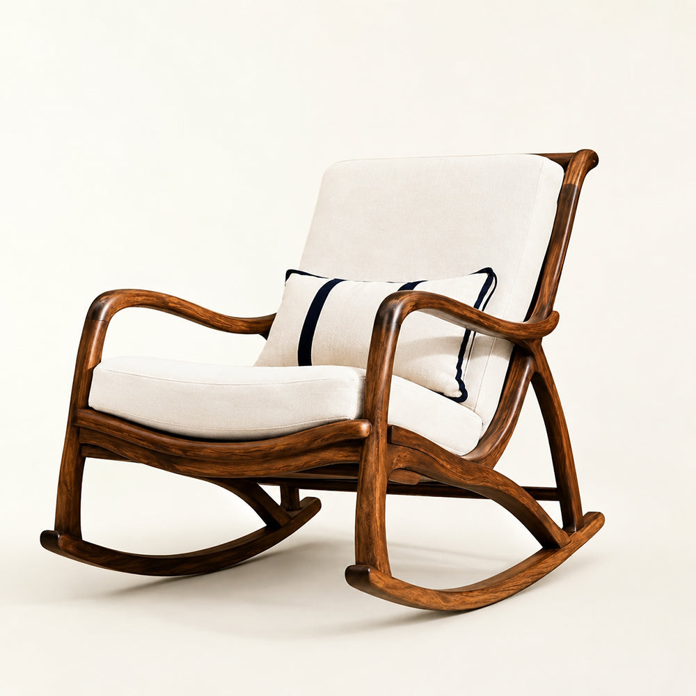 Mid-Century Walnut-Finish and Linen Rocking Chair