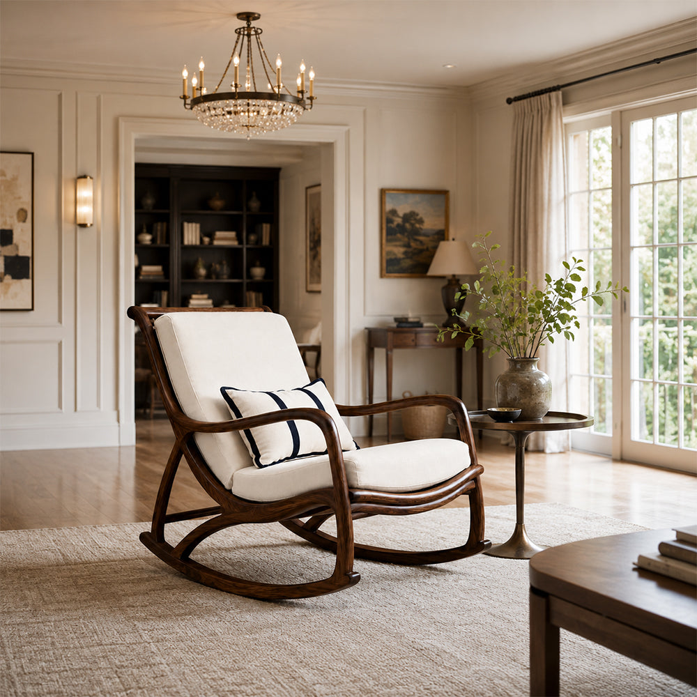 Mid-Century Walnut-Finish and Linen Rocking Chair