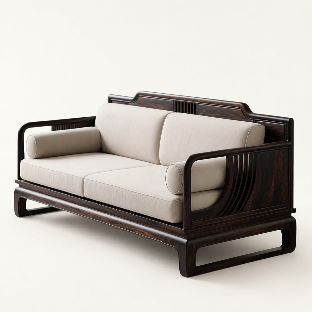 Modern Dark Wood and Linen Sofa