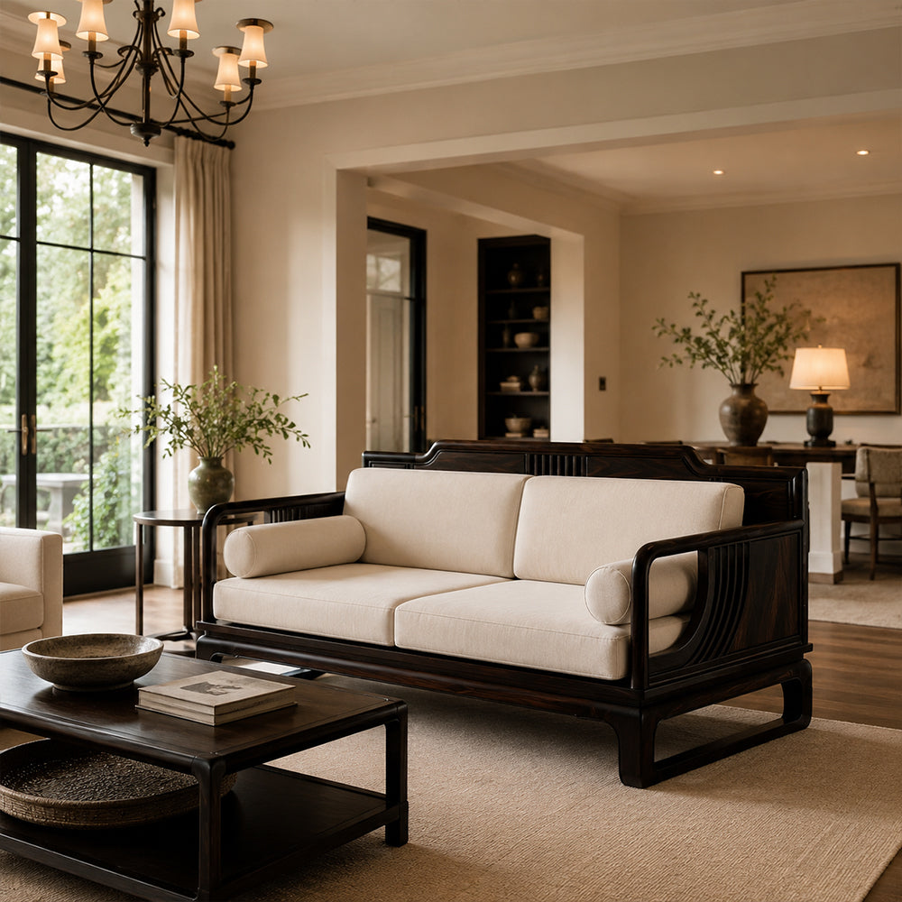 Modern Dark Wood and Linen Sofa