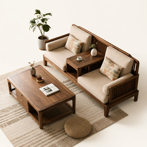 Modern Asian-Inspired Walnut-Finish Linen Sectional Sofa