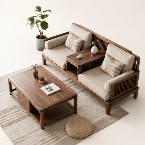 Modern Asian-Inspired Walnut-Finish Linen Sectional Sofa