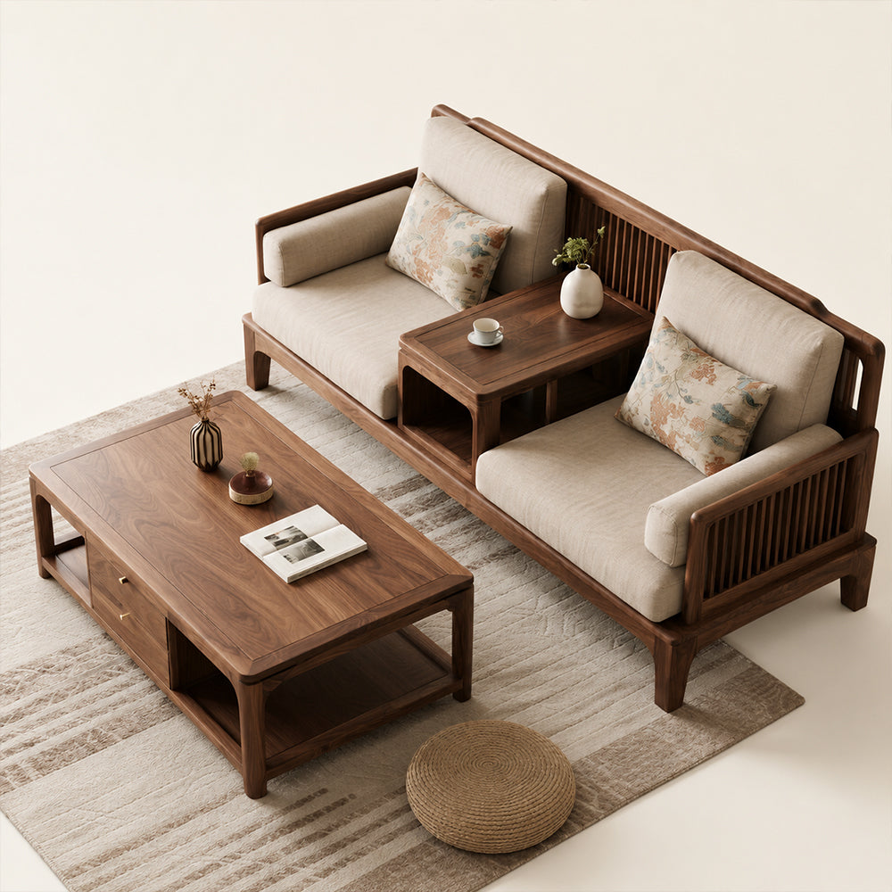 Modern Asian-Inspired Walnut-Finish Linen Sectional Sofa