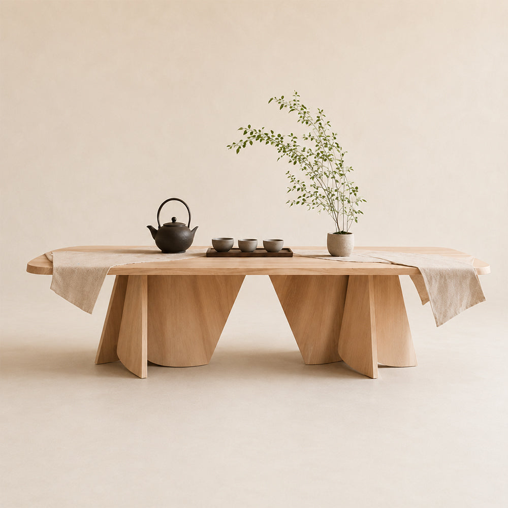 Curved Rectangular Light Wood Dining Table