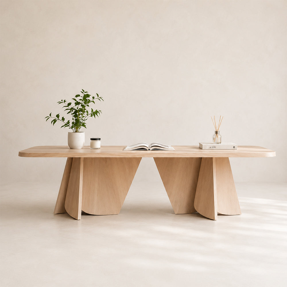 Curved Rectangular Light Wood Dining Table