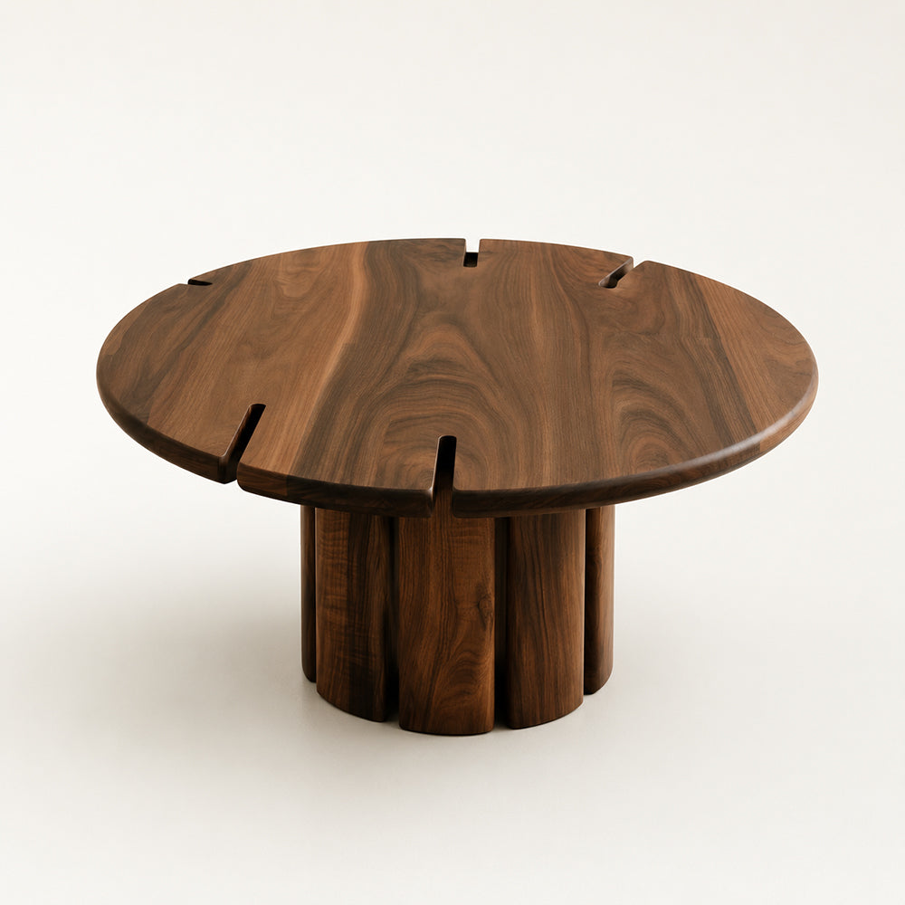 Modern Sculptural Walnut-Finish Round Dining Table