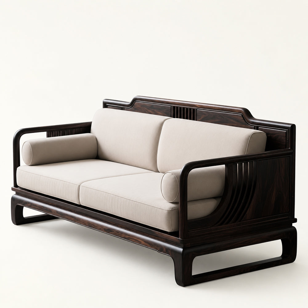 Modern Dark Wood and Linen Sofa