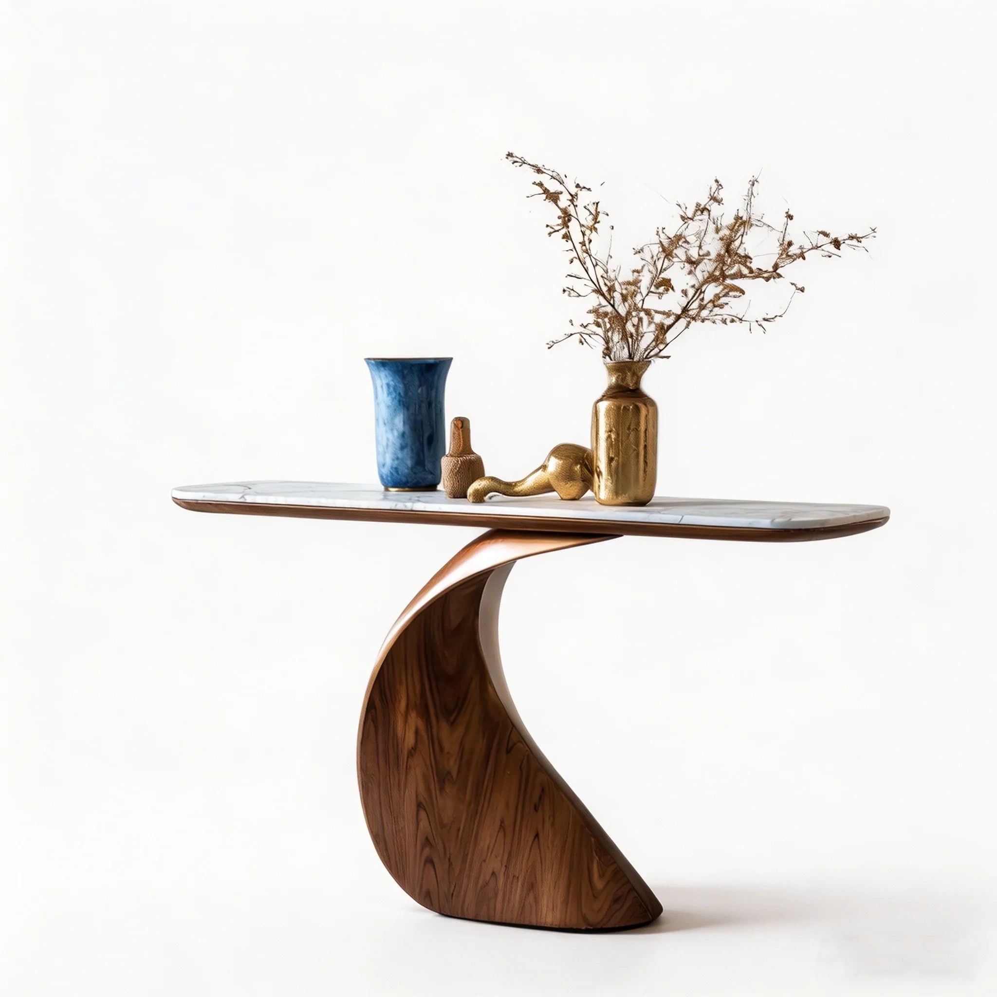 Sculptural Walnut-Finish and Genuine Marble Console Table