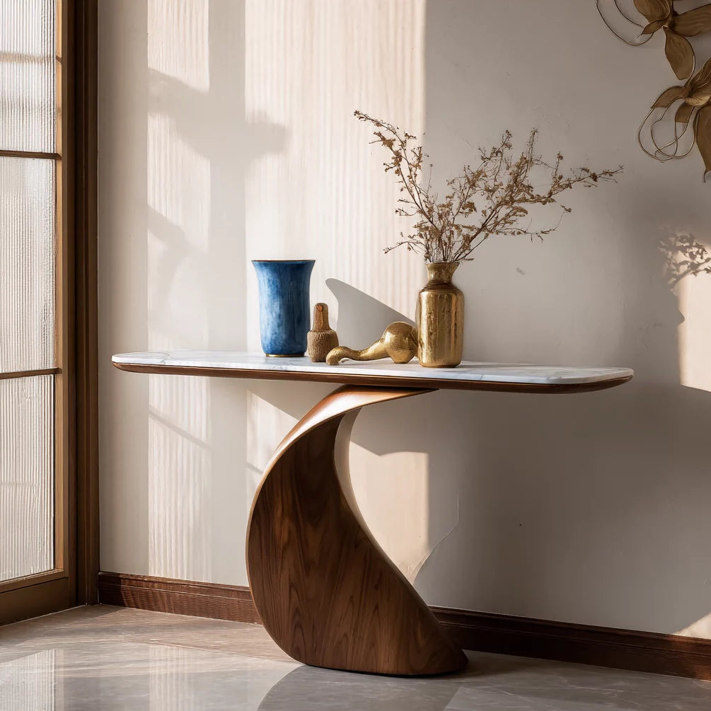 Sculptural Walnut-Finish and Genuine Marble Console Table