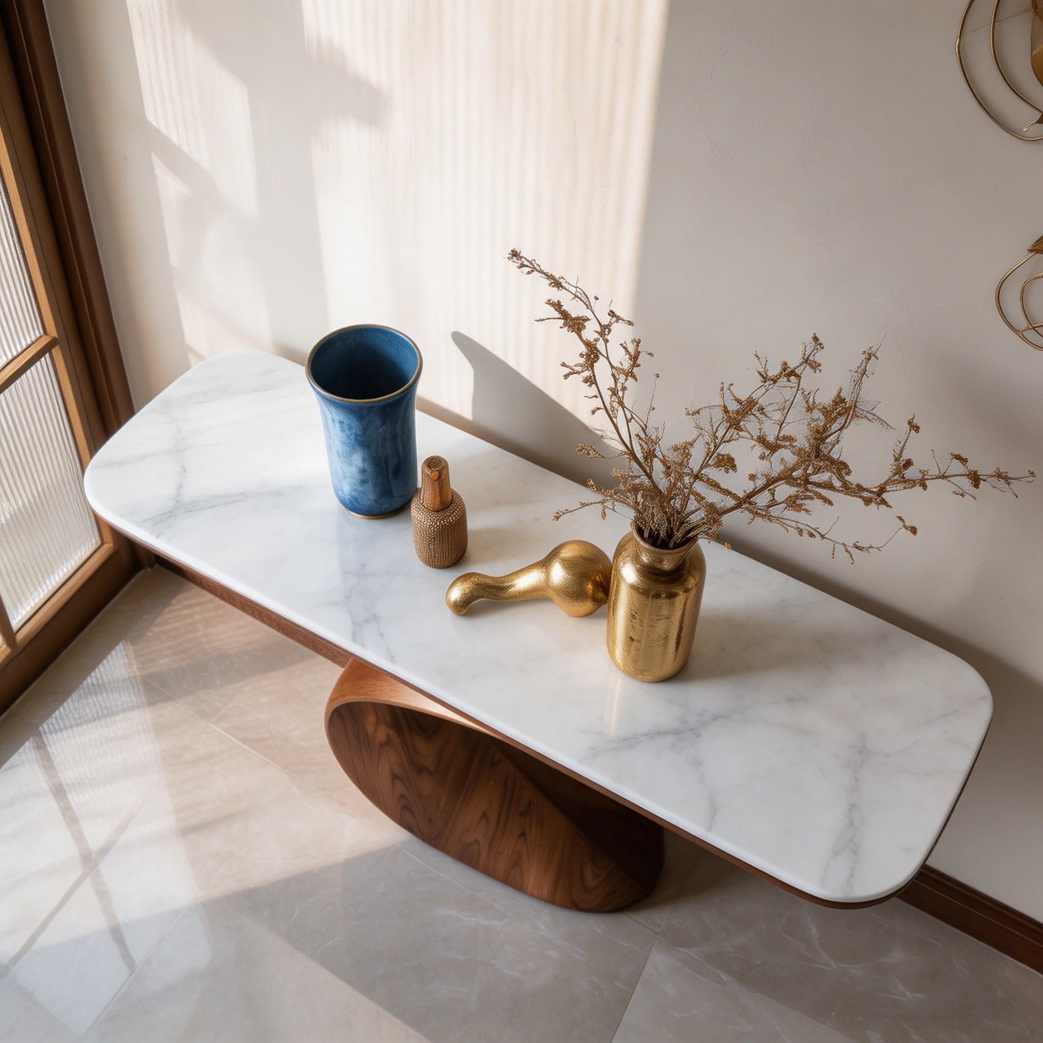 Sculptural Walnut-Finish and Genuine Marble Console Table