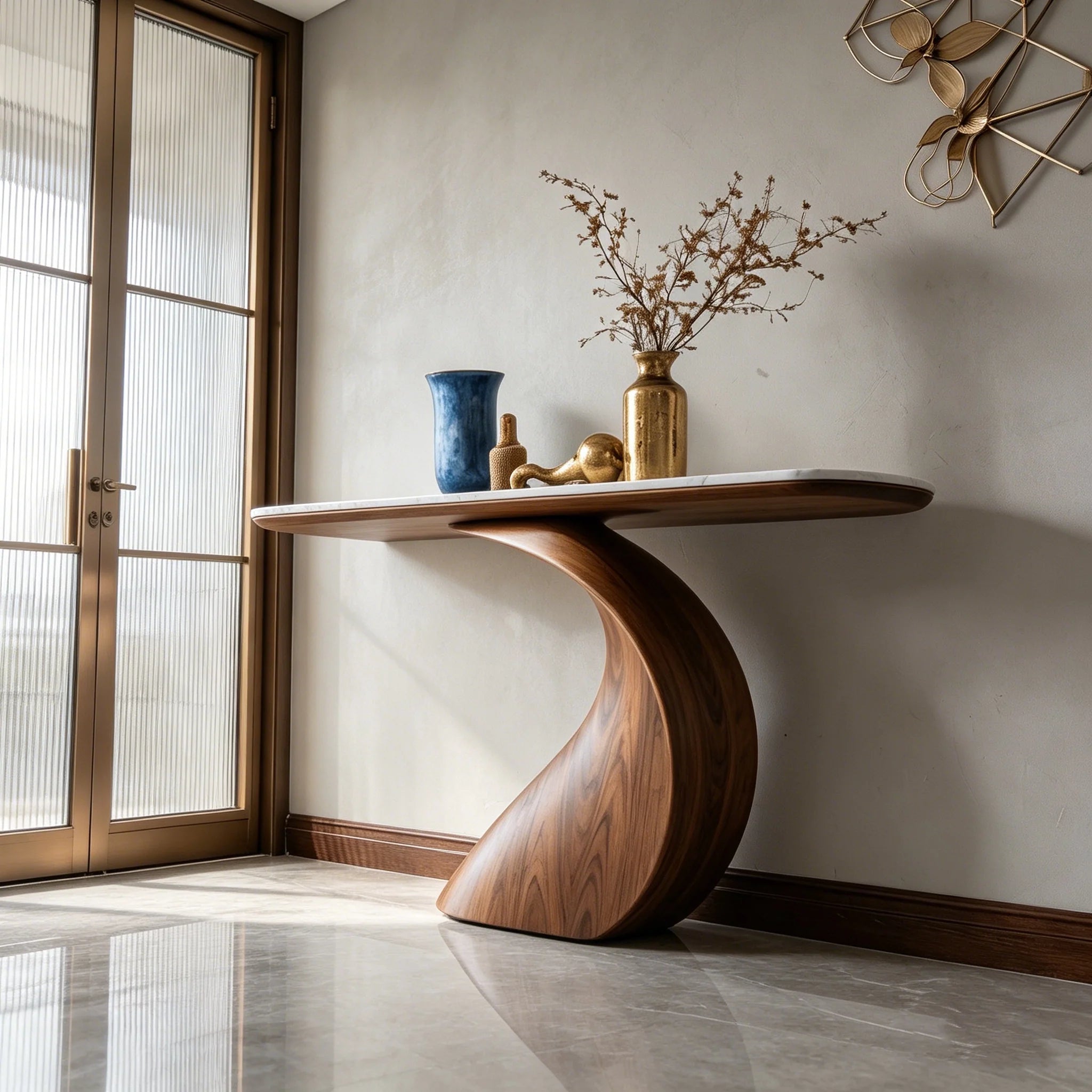 Sculptural Walnut-Finish and Genuine Marble Console Table