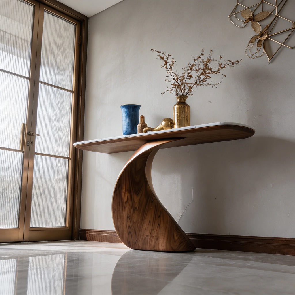 Sculptural Walnut-Finish and Genuine Marble Console Table