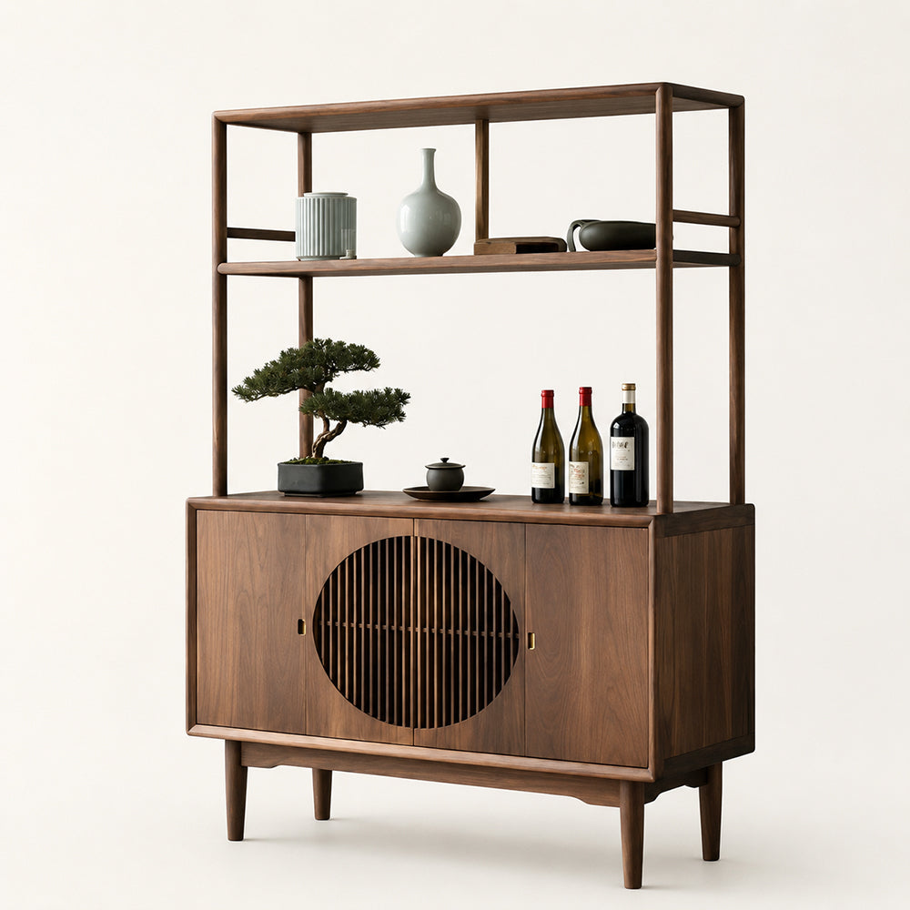 Walnut-Finish Open Shelf Sideboard with Slatted Cabinet