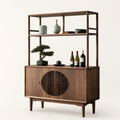 Walnut-Finish Open Shelf Sideboard with Slatted Cabinet