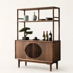 Walnut-Finish Open Shelf Sideboard with Slatted Cabinet