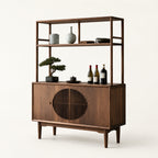 Walnut-Finish Open Shelf Sideboard with Slatted Cabinet