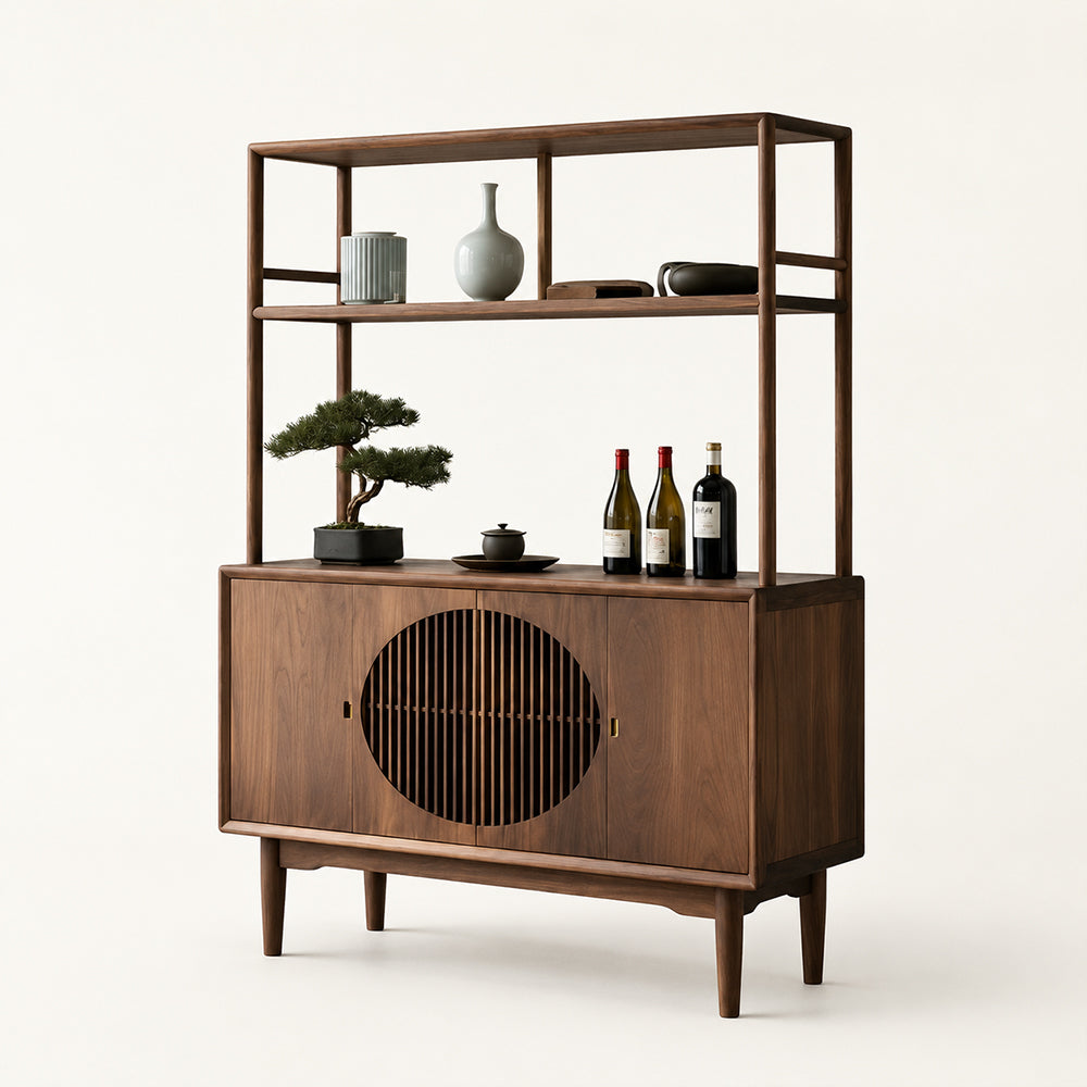 Walnut-Finish Open Shelf Sideboard with Slatted Cabinet