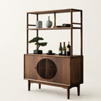 Walnut-Finish Open Shelf Sideboard with Slatted Cabinet
