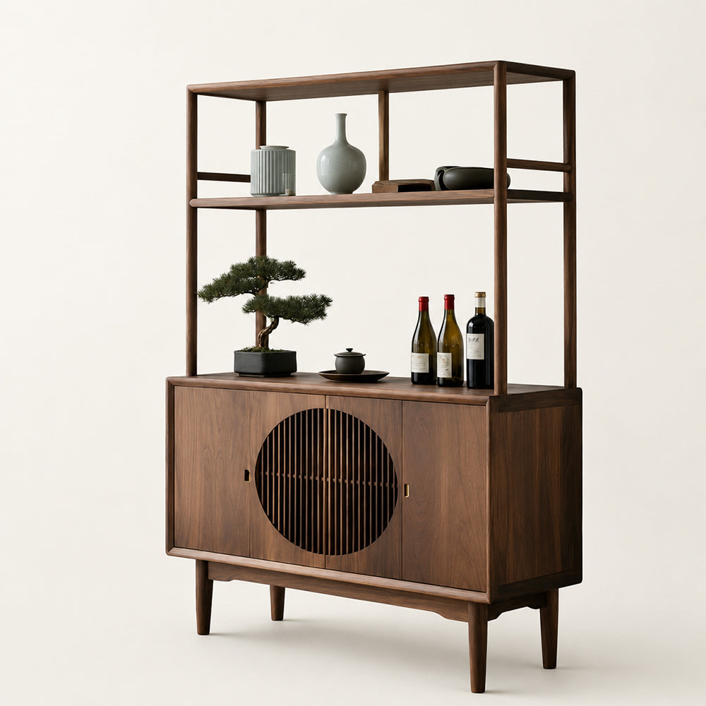 Walnut-Finish Open Shelf Sideboard with Slatted Cabinet