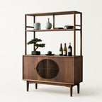 Walnut-Finish Open Shelf Sideboard with Slatted Cabinet