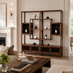 Walnut-Finish Open Shelf Sideboard with Slatted Cabinet