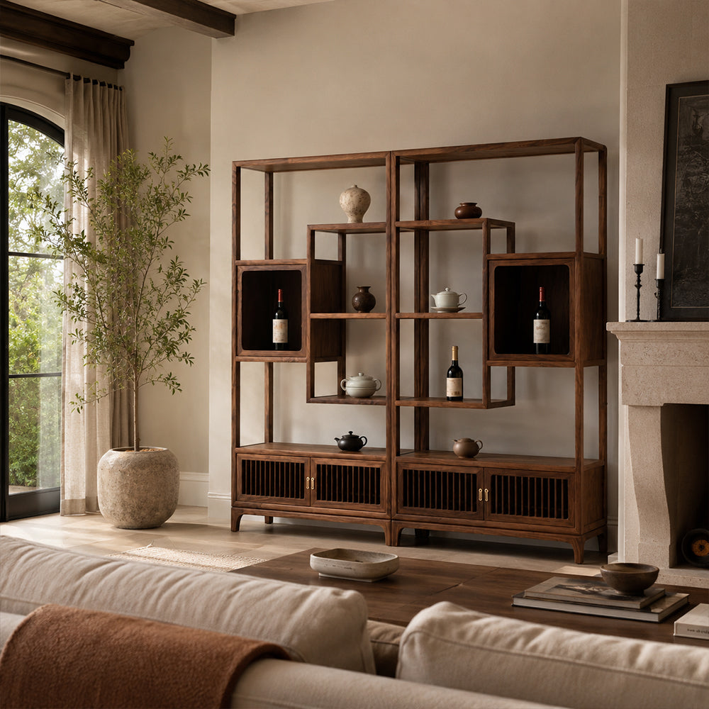 Walnut-Finish Open Shelf Sideboard with Slatted Cabinet