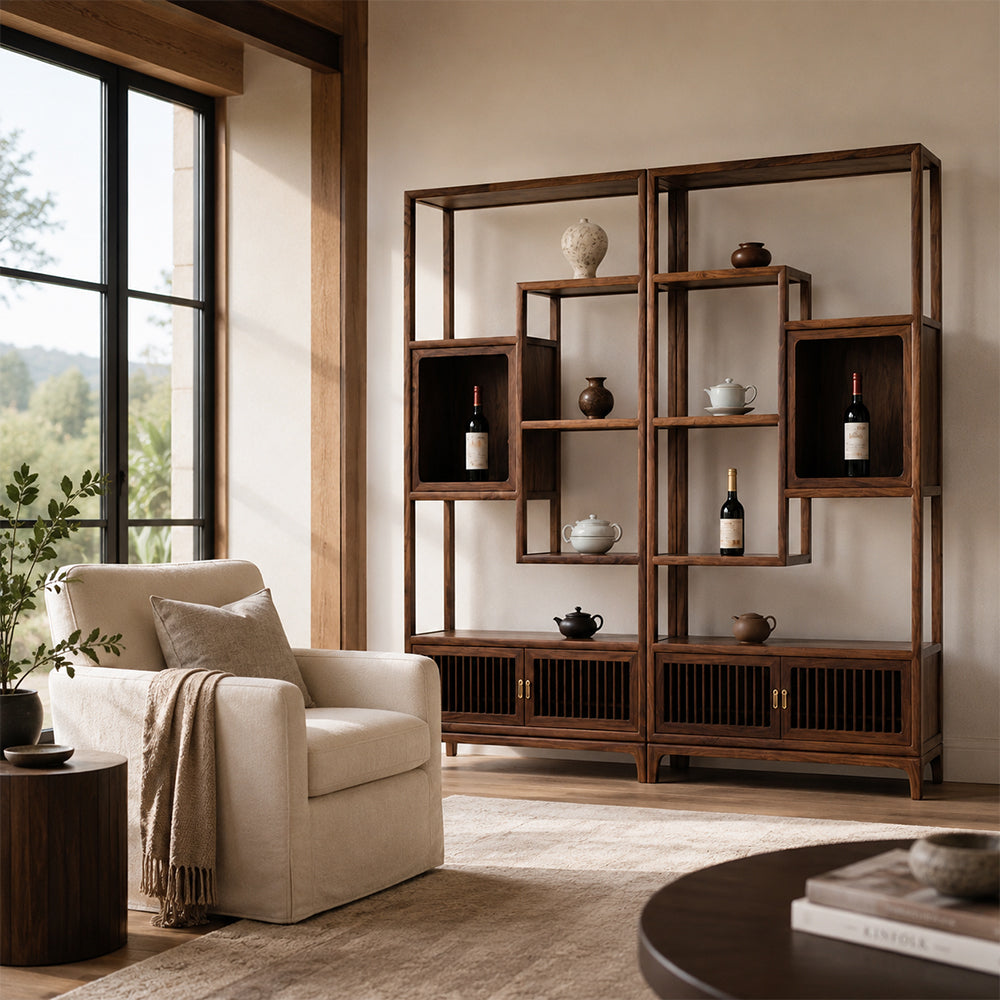 Walnut-Finish Open Shelf Sideboard with Slatted Cabinet