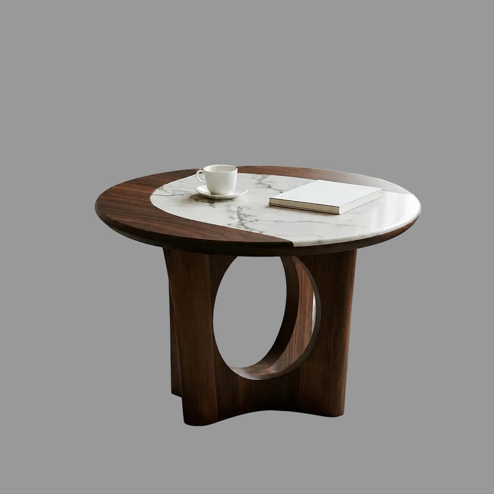 Walnut and Genuine Marble Sculptural Side Table