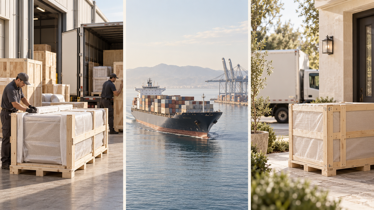AI-generated illustration of dispatch, ocean shipping and receiving; not a photograph of this order.