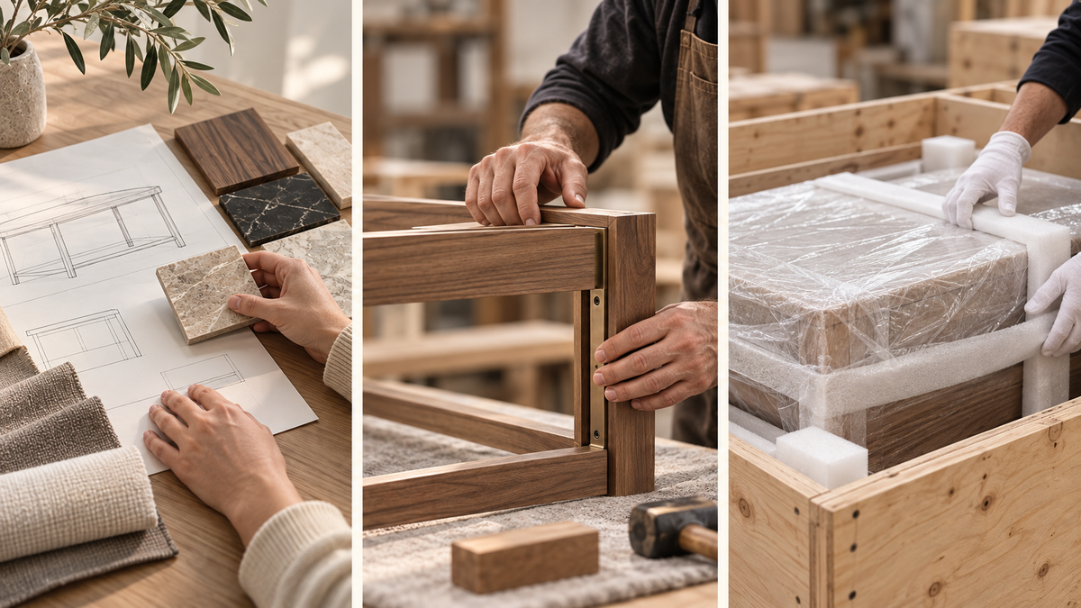 AI-generated illustration of material preparation, furniture construction and protective packing; not this piece’s production record.