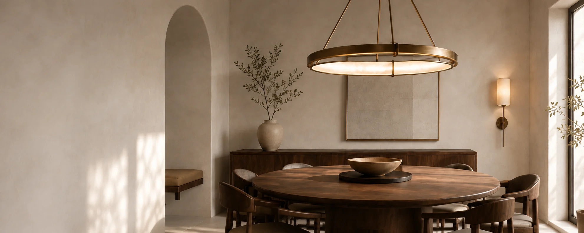 Warm dining room with sculptural brass lighting