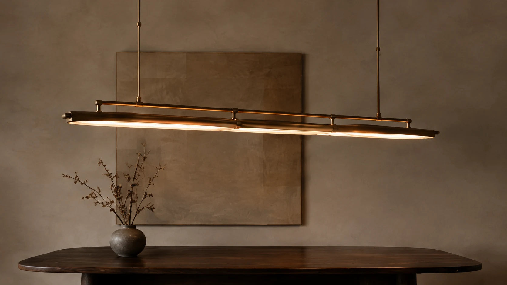 Illustrative dining room with a linear chandelier.